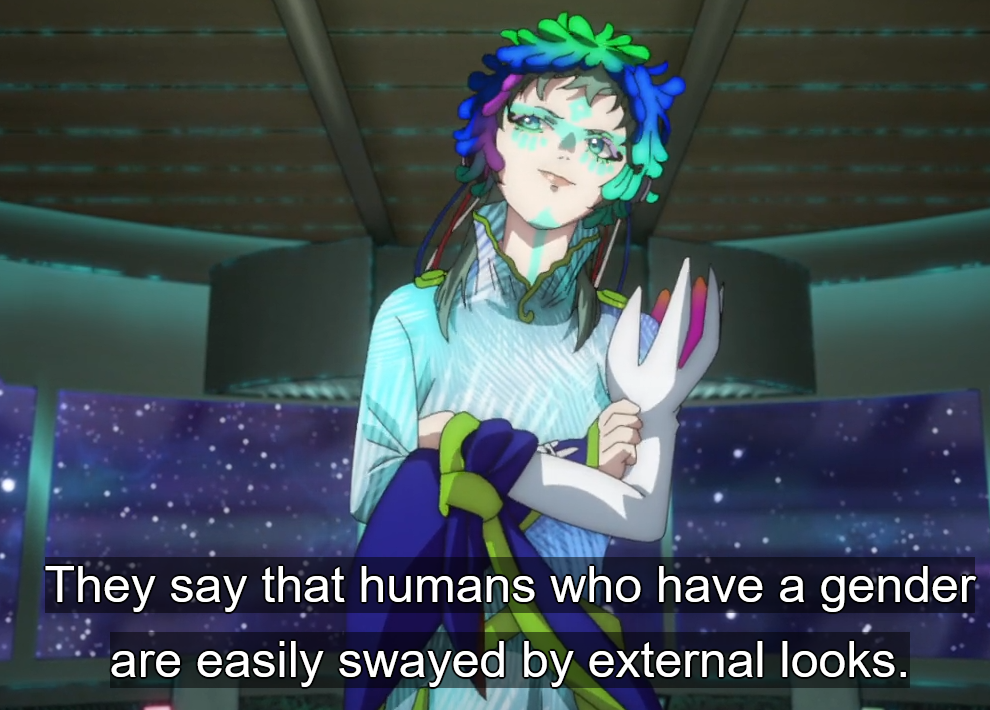 An image of Raquio from Gnosia saying 'They say humans who have a gender are easily swayed by external looks', which the owner of this website finds woke (affectionate)
